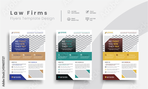 Professional corporate lawyer illustrator flyer templates for law firm brand identity promotion. Modern business attorney simple flyer design with the judicial background.