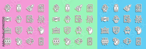 Set line Ethereum ETH, NFT Digital crypto art, growth bar chart, and icon. Vector