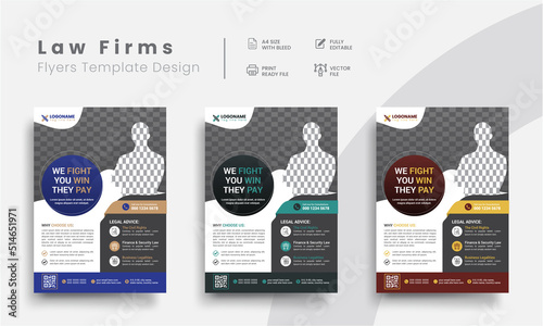 Professional corporate lawyer illustrator flyer templates for law firm brand identity promotion. Modern business attorney simple flyer design with the judicial background.