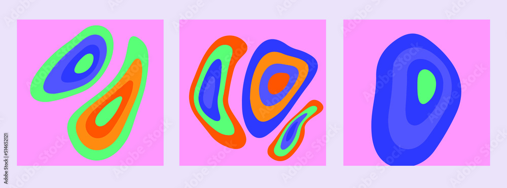 Set of abstract psychedelic posters with colorful trippy melting shapes in 60s hippie retro-art style. 
