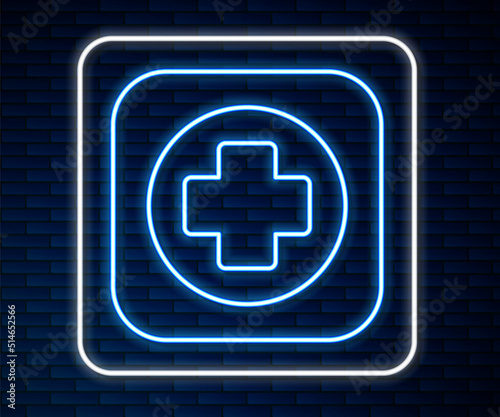 Glowing neon line Hospital signboard icon isolated on brick wall background. Vector