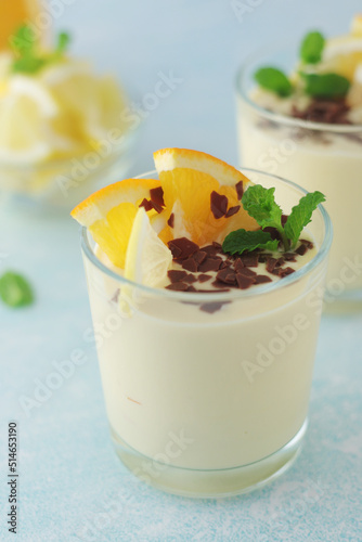 Orange lemon citrus milk mousse in glasses