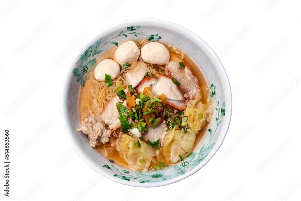 Traditional egg noodles soup with Fish ball, Red barbecue pork, .Wontons, Minced pork sprinkle with spring onion in white bowl isolated on white background with clipping path. Asian style food, Select Traditional egg noodles soup with Fish ball, Red barbecue pork, .Wontons, Minced pork sprinkle with spring onion in white bowl isolated on white background with clipping path. Asian style food, Select