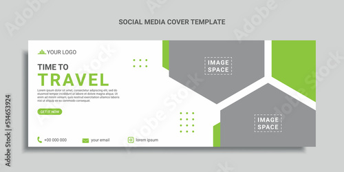 travel social media cover design or web banner with green color hexagon shapes