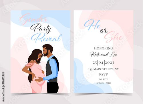 Invitation for gender reveal party with couple, happy parents. Poster with pregnant mother and dad. Vector flat illustration for card, , design, flyer, poster, decor, banner, web, advertising.