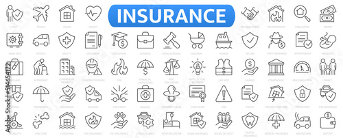 Insurance icons set. Vehicle, health insurance, beneficiary, repair, coffin, glasses and more. Outline icons collection. photo