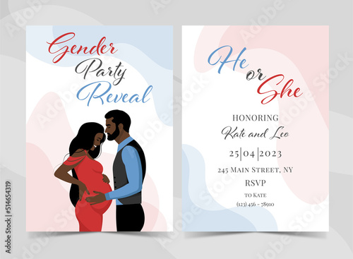 Invitation for gender reveal party with couple, happy parents. Poster with pregnant mother and dad. Vector flat illustration for card, , design, flyer, poster, decor, banner, web, advertising.