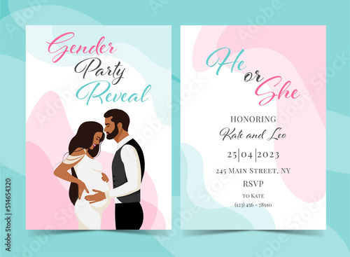 Invitation for gender reveal party with couple, happy parents. Poster with pregnant mother and dad. Vector flat illustration for card, , design, flyer, poster, decor, banner, web, advertising.