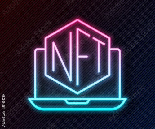 Glowing neon line Laptop with art store app icon isolated on black background. Technology of selling NFT tokens for cryptocurrency. Non fungible token concept. Vector