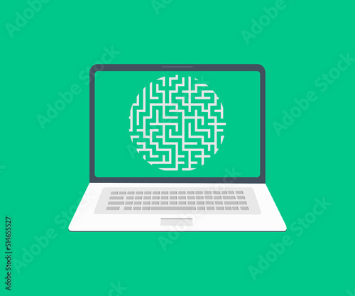 Round maze on laptop screen, notebook logo design. Circle labyrinth vector design and illustration.
