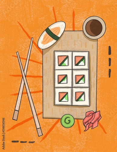 craft poster of asian food rolls and sushi cartoon illustration
