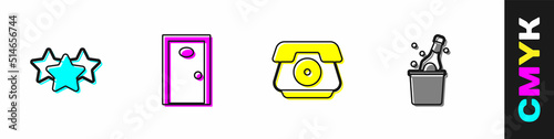 Set Stars rating, Hotel door, Telephone handset and Bottle of champagne icon. Vector