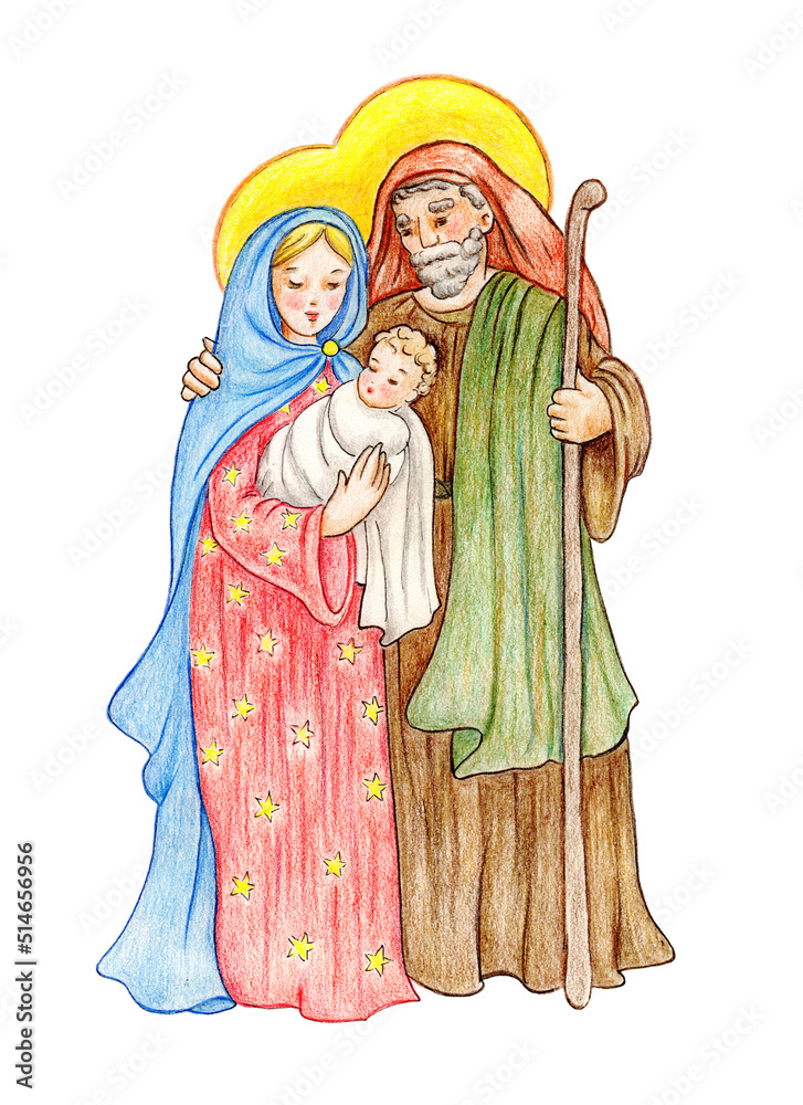 Hand drawn illustration on paper with colored pencils of the nativity of Jesus