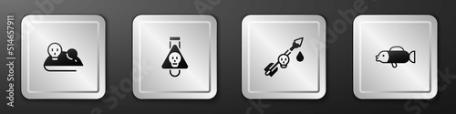 Set Experimental mouse, Bottle with potion, Poison the arrow and Puffer fish icon. Silver square button. Vector