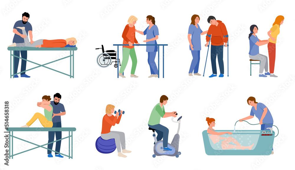 People in orthopedic therapy rehabilitation set. Therapists character working with disabled patients, rehabilitation physical activity, physiotherapy. Flat cartoon vector illustrations - obrazy, fototapety, plakaty 