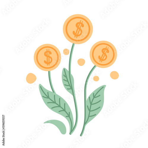 Money tree concept. Financial and investment growth, earning profit, capital gain, success in wealth management. Plant with coin flowers. Simple hand drawn flat vector illustration, icon.
