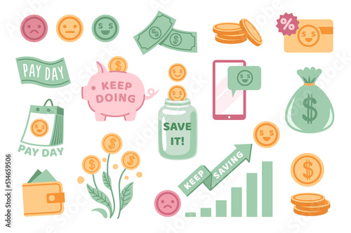 Money, finance, business, investment sticker pack. Investment profit, earning and stock market growth. Vector set of financial literacy elements. Collection of hand drawn isolated illustrations.