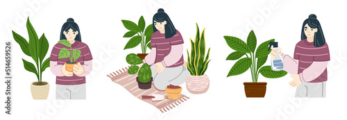 Woman gardening, growing, watering houseplants at home. Set of colored flat vector illustrations of trendy people with house greenery.