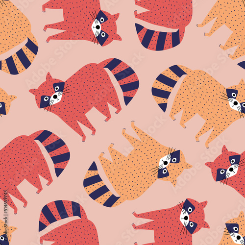 Cute colorful raccoons hand drawn vector illustration. Funny forest animal in flat style seamless pattern for kids fabric or wallpaper.