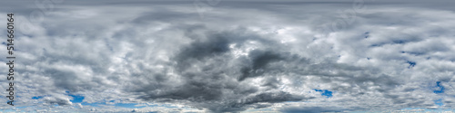 Seamless overcast blue sky hdri panorama 360 degrees angle view with zenith and beautiful clouds for use in 3d graphics as sky replacement and sky dome or edit drone shot.