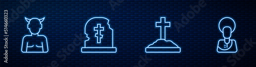 Set line Grave with cross, Krampus, heck, tombstone and Jesus Christ. Glowing neon icon on brick wall. Vector