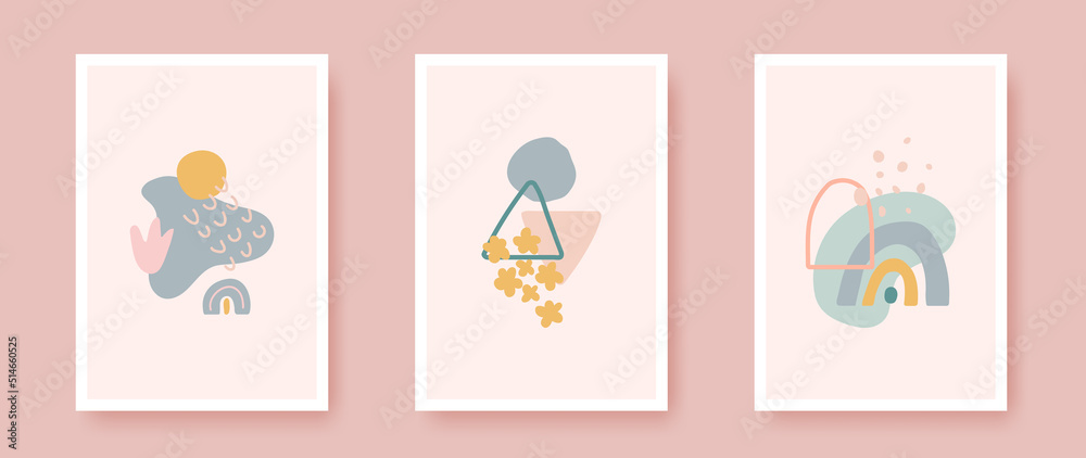 Minimal art. Poster set with organic design element. Modern room wall decor. Unique hand drawn collage. Geometric shapes in pastel color. Contemporary texture for print, brochure. Vector illustration