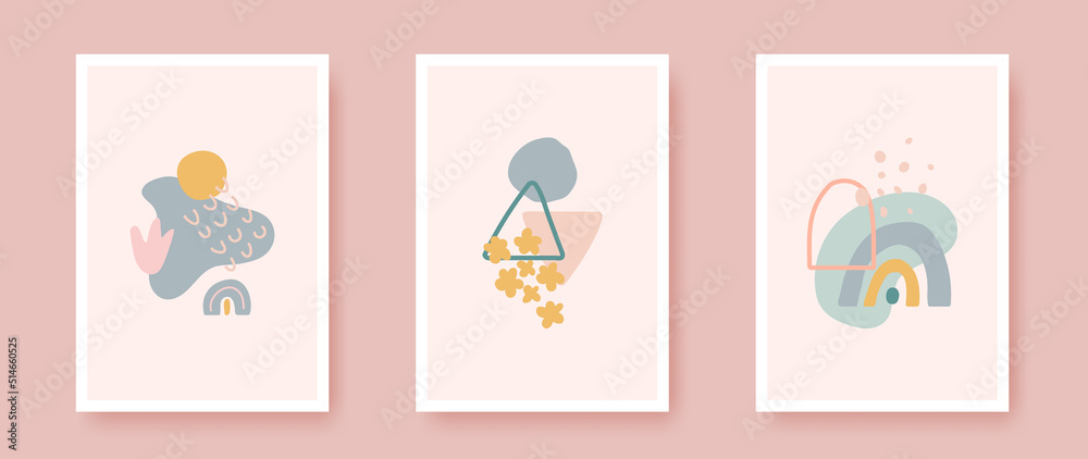 Minimal art. Poster set with organic design element. Modern room wall decor. Unique hand drawn collage. Geometric shapes in pastel color. Contemporary texture for print, brochure. Vector illustration Minimal art. Poster set with organic design element. Modern room wall decor. Unique hand drawn collage. Geometric shapes in pastel color. Contemporary texture for print, brochure. Vector illustration