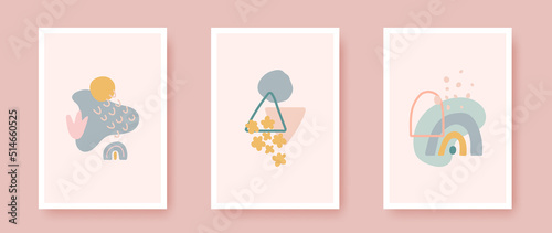 Minimal art. Poster set with organic design element. Modern room wall decor. Unique hand drawn collage. Geometric shapes in pastel color. Contemporary texture for print, brochure. Vector illustration