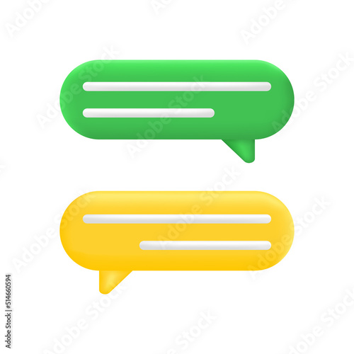 Speech bubble set. Color text box. Message tag balloon. Social media live chat shape. Dialog frame. Speak cloud icon. 3d render quote sign. Business concept. Support and comment. Vector illustration
