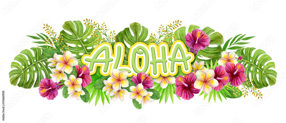 Aloha Hawaii greeting. Hand drawn watercolor painting with Chinese Hibiscus rose flowers and palm leaf isolated on white background. Tropical floral summer ornament. Design element. - obrazy, fototapety, plakaty 