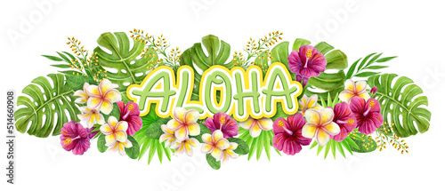 Aloha Hawaii greeting. Hand drawn watercolor painting with Chinese Hibiscus rose flowers and palm leaf isolated on white background. Tropical floral summer ornament. Design element. photo