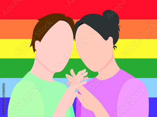A gay couple in love holding hands against the background of an LGBT flag. Flat vector illustration.