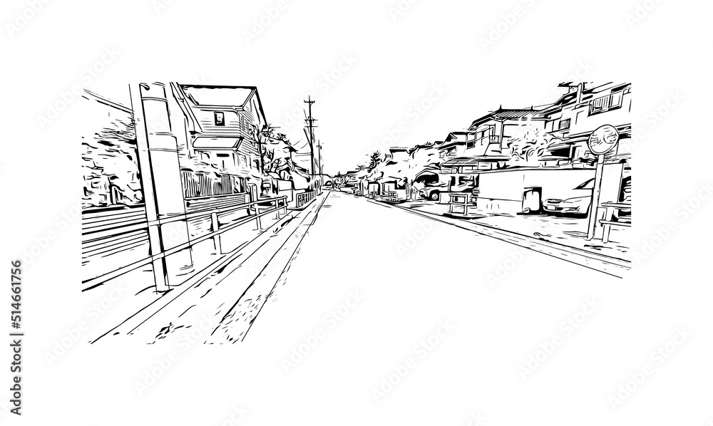 Building view with landmark of Nagoya is the city in Japan. Hand drawn sketch illustration in vector.