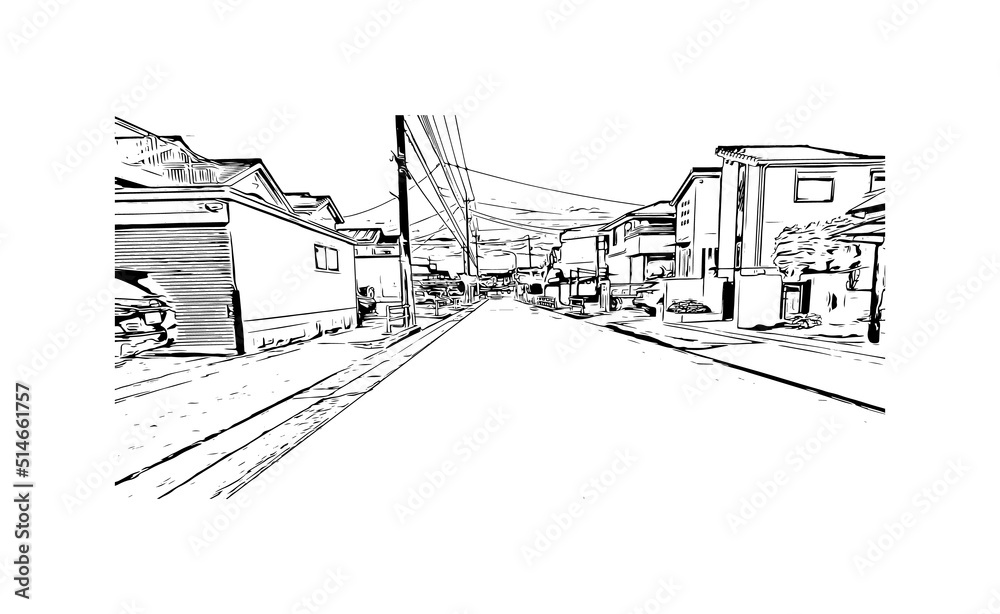 Building view with landmark of Nagoya is the city in Japan. Hand drawn sketch illustration in vector.