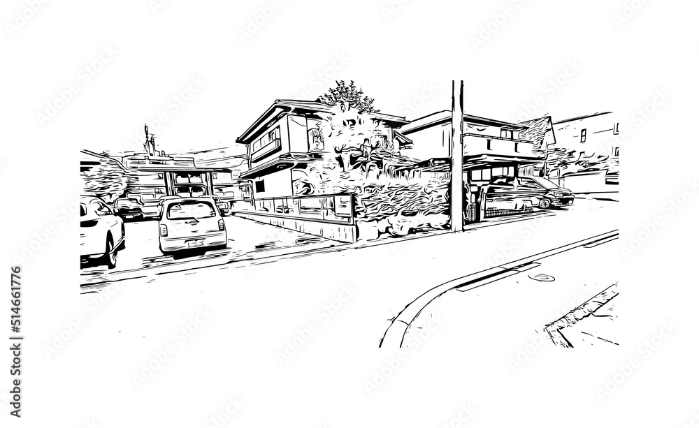 Building view with landmark of Nagoya is the city in Japan. Hand drawn sketch illustration in vector.