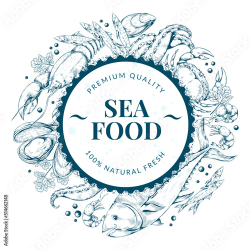 Seafood menu. Sketch fish food for sea restaurant, vintage banner with oyster and shellfish, squid and lobster, gourmet bbq circle frame. Hand drawn decor. Vector product design