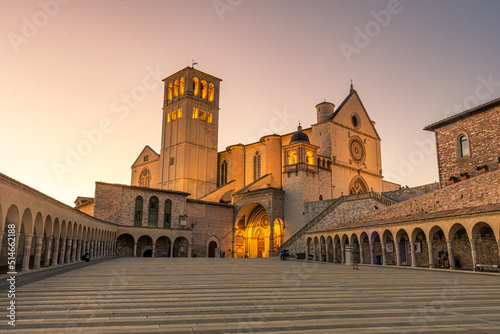 Fototapeta Naklejka Na Ścianę i Meble -  ASSISI, ITALY, 6 AUGUST 2021 Sunset over the San Francesco Basilica, one of the most important catholic churches