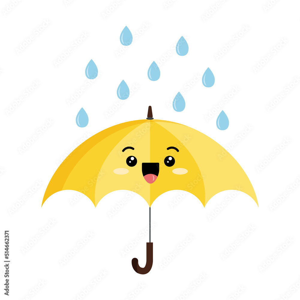 Cute open umbrella with rain drop cartoon character emoji icon. Funny
