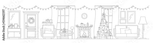 Cozy christmas corridor entrance room line art interior. Home living room with decorated tree, fireplace, armchair, presents, coffe table, window in linear style. Vector editable stroke illustration.