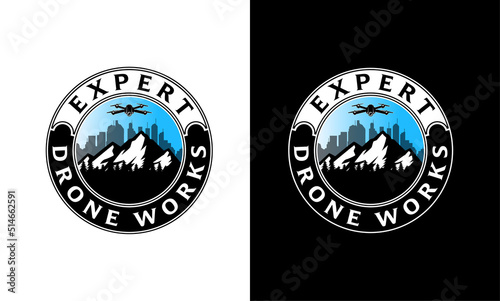 Expert Drone Work Badge Logo Illustration Vector Design