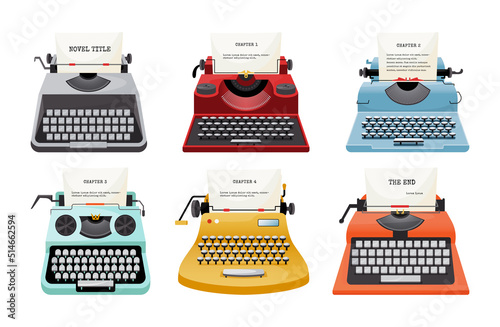 Retro typewriter. Vintage brand for copywriter, screenplay, news writer and storytelling. Poet, screenwriter and novelist equipment. Icon isolated elements. Vector cartoon flat illustration