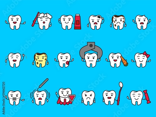 Cartoon tooth. Dental smile characters with braces and funny dentist brush. Cavity extraction. Happy and sad faces. Stomatology mascots. Treatment and hygiene. Vector illustration set
