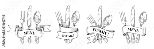 Vintage cutlery logo. Silverware and curled ribbon. Retro sketch. Fork and knife for dinner. Banner with hand drawn spoon with waving tape. Restaurant menu. Vector monochrome isolated set