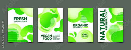 Abstract organic green forms. Fresh fruit or vegetable poster. Eco circle shapes for healthy pattern. Fluid minimal spots. Vegan food flyers set. Liquid waves. Vector design background