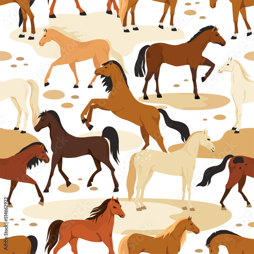 Horse pattern. Wild tribal animal running with equestrian. Fashion characters. Equine mammal dressage. Pony poses and actions. Mare and stallion. Vector seamless illustration background