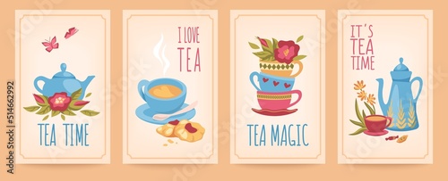 Tea time poster set. Background for signboard lettering, bakery posters, cafe decoration, afternoon sweet home party with biscuit, hot drinks, cute teacups. Vector sketch with english text