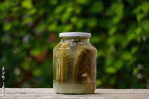 Green pickles pickled in a jar, fermentation. Natural medicinal product