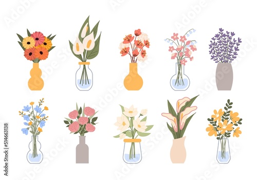 Flat floral bouquet. Gift with flower blossoms in vase, bunch of plants and blooming leaves, garden decor with botanical elements. Beautiful spring summer decor. Isolated vector illustration