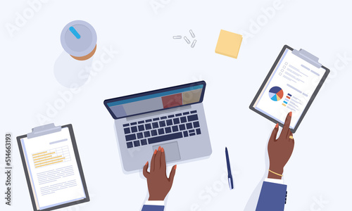 Table top view. Employee workspace. Cartoon character working with computer. Wireless device. Office workplace. Woman hands on desk with laptop and tablet. Vector portable PC technology
