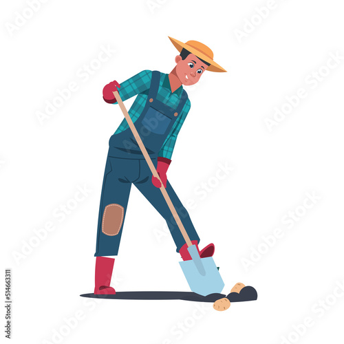 Agricultural work. Cartoon male farmer character working in field, harvesting potato. Man digging with a shovel. Happy farm worker with garden equipment. Vector isolated illustration